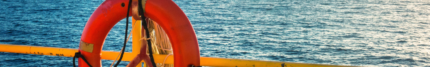 View of the water from the deck of a ship with a life saver